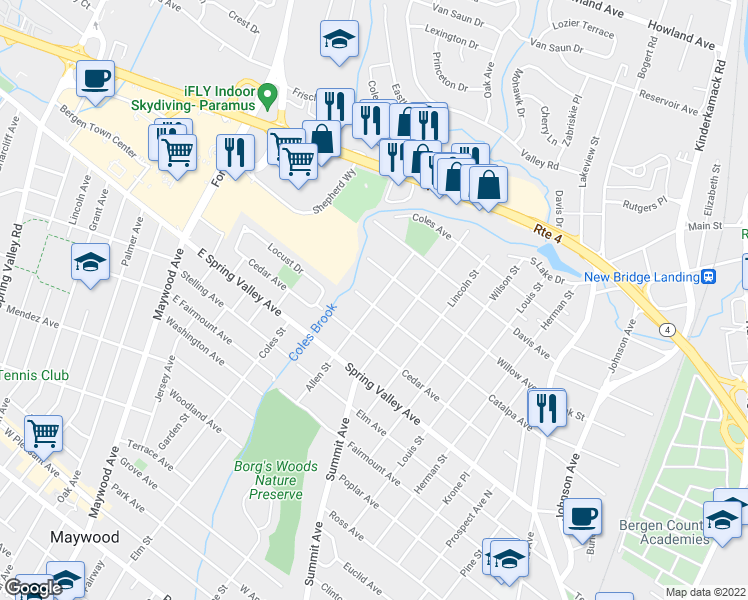 map of restaurants, bars, coffee shops, grocery stores, and more near 205 Willow Avenue in Hackensack