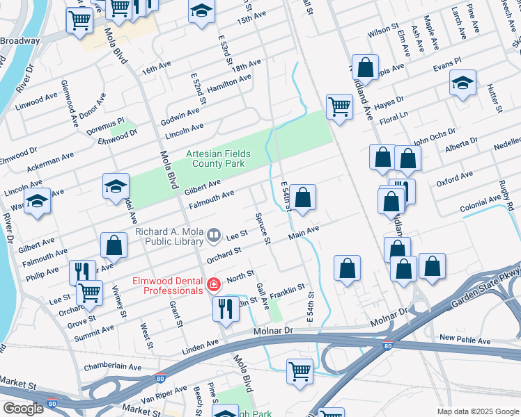map of restaurants, bars, coffee shops, grocery stores, and more near 12 Spruce Street in Elmwood Park