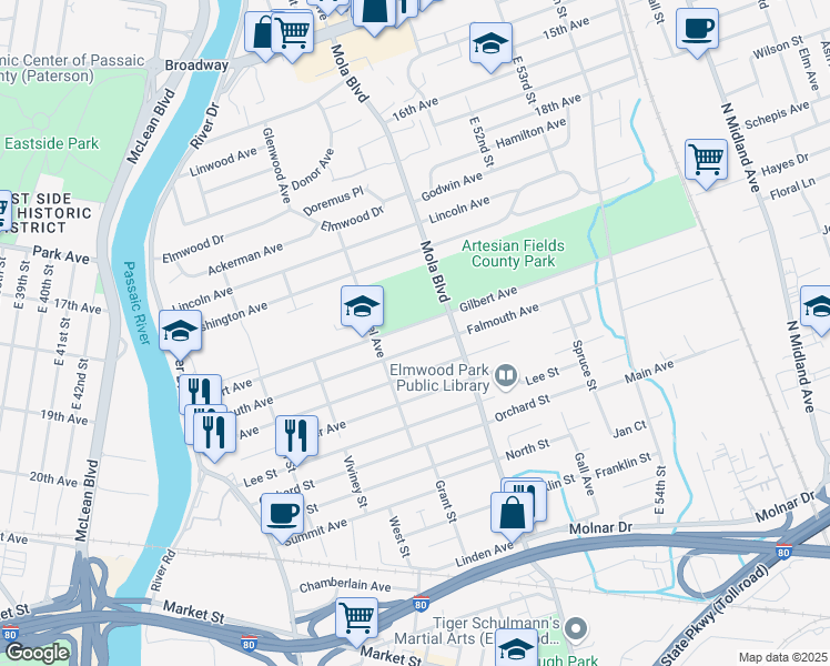 map of restaurants, bars, coffee shops, grocery stores, and more near 186 Gilbert Avenue in Elmwood Park