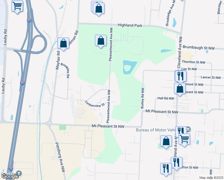 map of restaurants, bars, coffee shops, grocery stores, and more near 8681 Pleasantwood Avenue Northwest in North Canton