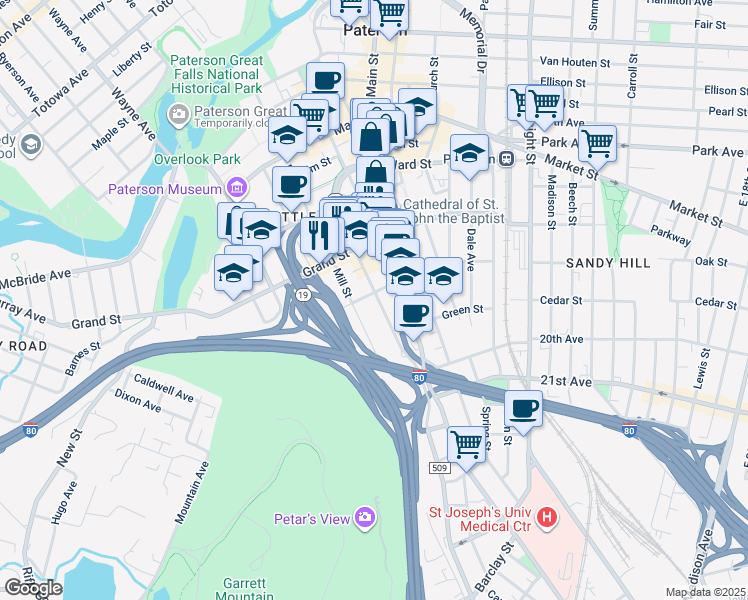 map of restaurants, bars, coffee shops, grocery stores, and more near 86 Marshall Street in Paterson