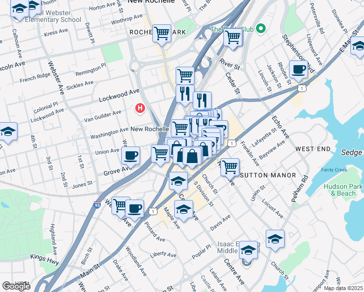 map of restaurants, bars, coffee shops, grocery stores, and more near 265 Huguenot Street in New Rochelle