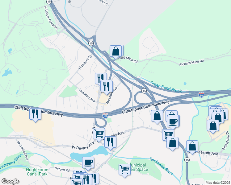 map of restaurants, bars, coffee shops, grocery stores, and more near 12 Meadow Avenue in Wharton