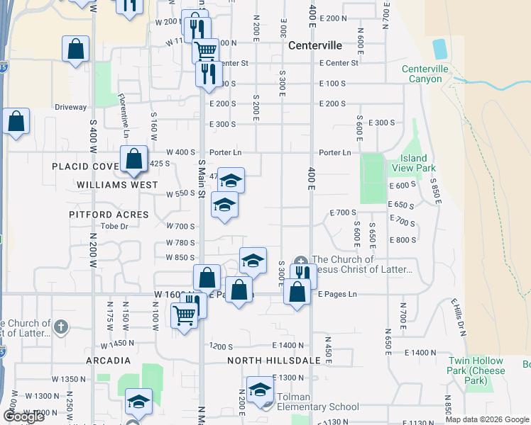 map of restaurants, bars, coffee shops, grocery stores, and more near 554 300 East in Centerville