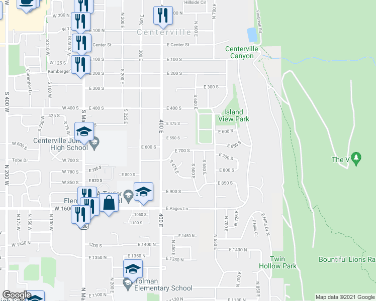 map of restaurants, bars, coffee shops, grocery stores, and more near 582 East 700 South in Centerville