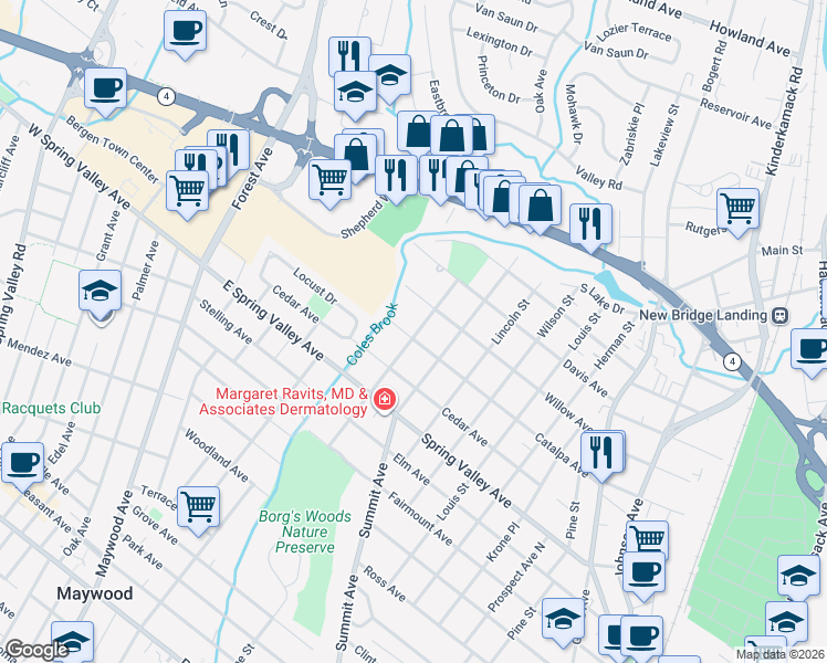 map of restaurants, bars, coffee shops, grocery stores, and more near 201 Allen Street in Hackensack