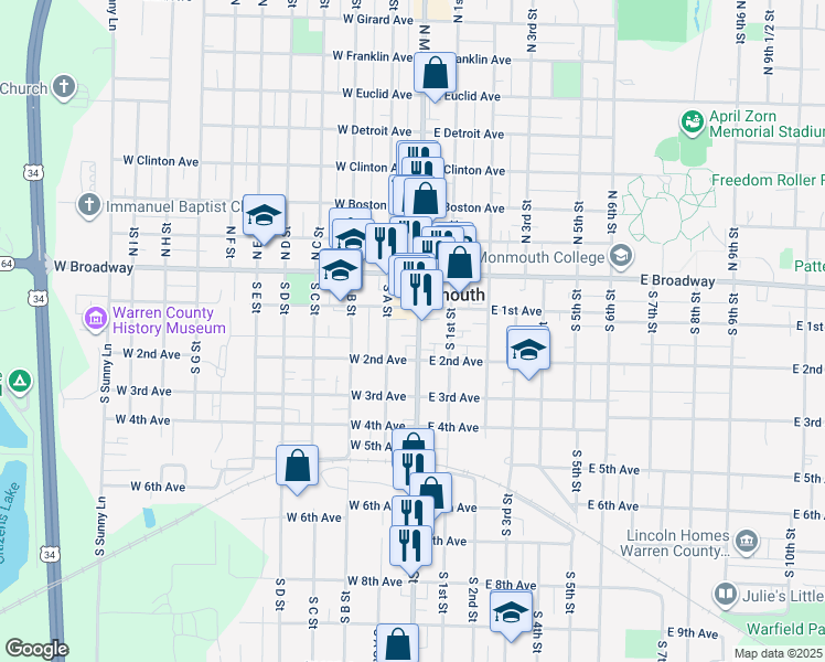 map of restaurants, bars, coffee shops, grocery stores, and more near in Monmouth