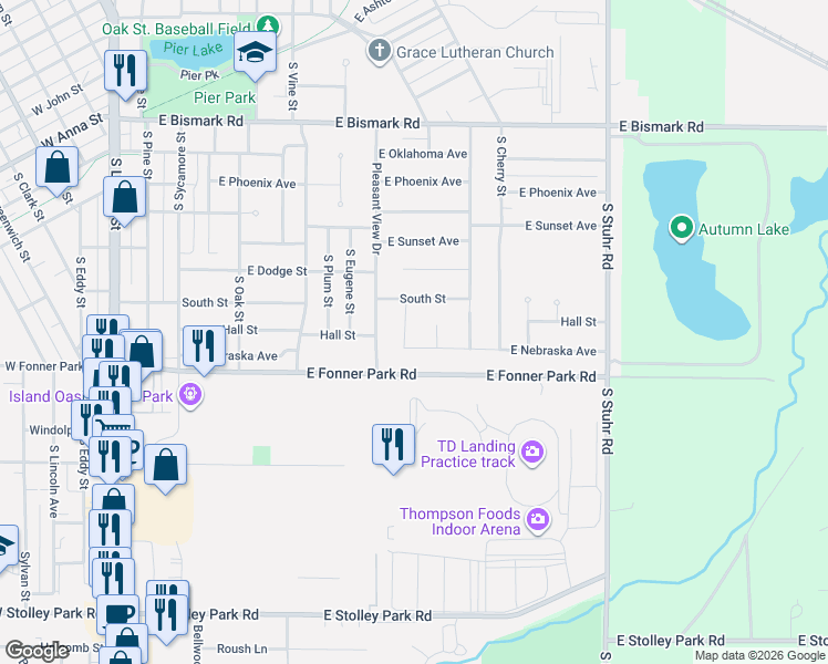 map of restaurants, bars, coffee shops, grocery stores, and more near 1069-1089 East South Street in Grand Island