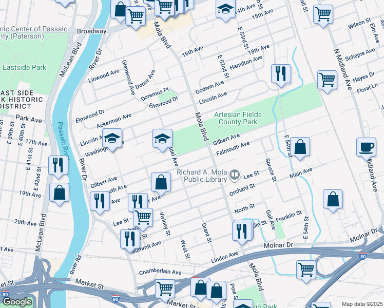 map of restaurants, bars, coffee shops, grocery stores, and more near 186 Gilbert Avenue in Elmwood Park
