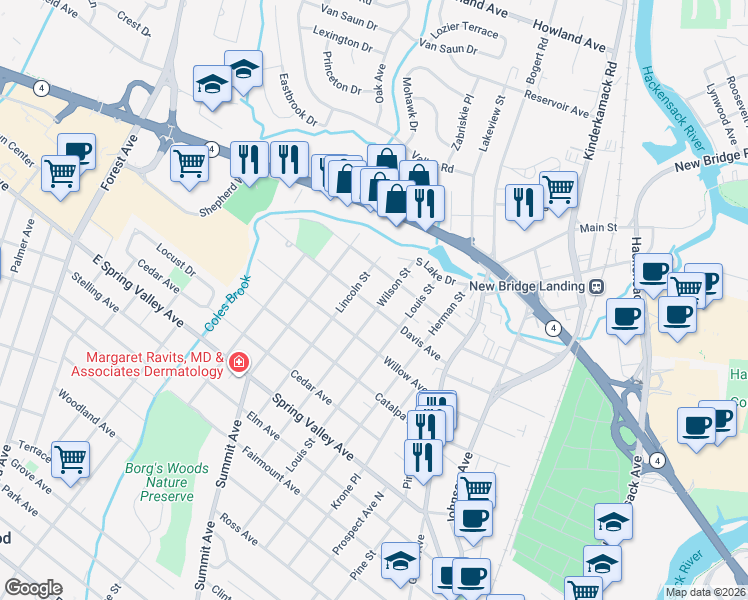 map of restaurants, bars, coffee shops, grocery stores, and more near 97 Coles Avenue in Hackensack