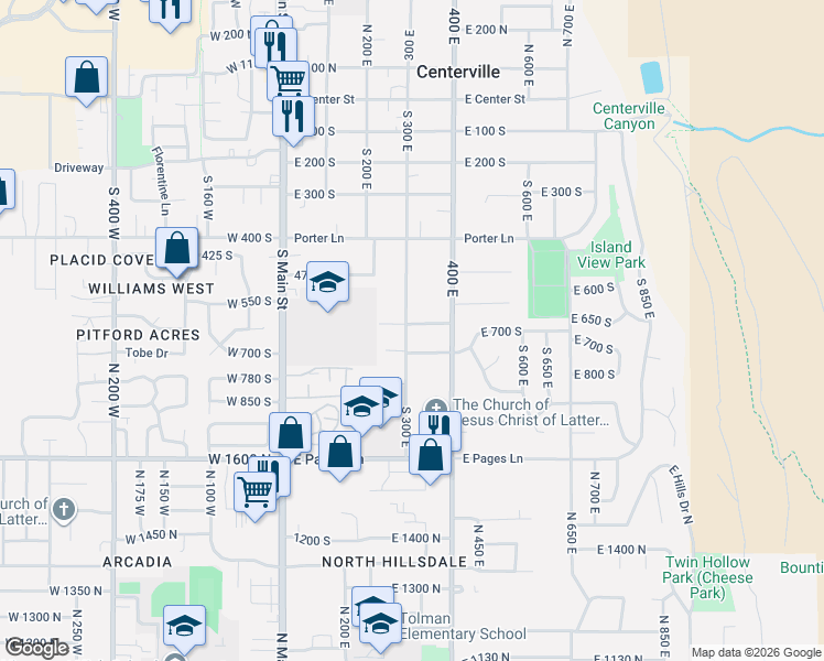 map of restaurants, bars, coffee shops, grocery stores, and more near 310 East 600 South in Centerville