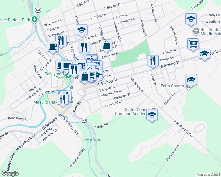 map of restaurants, bars, coffee shops, grocery stores, and more near 224 Bishop Street in Bellefonte