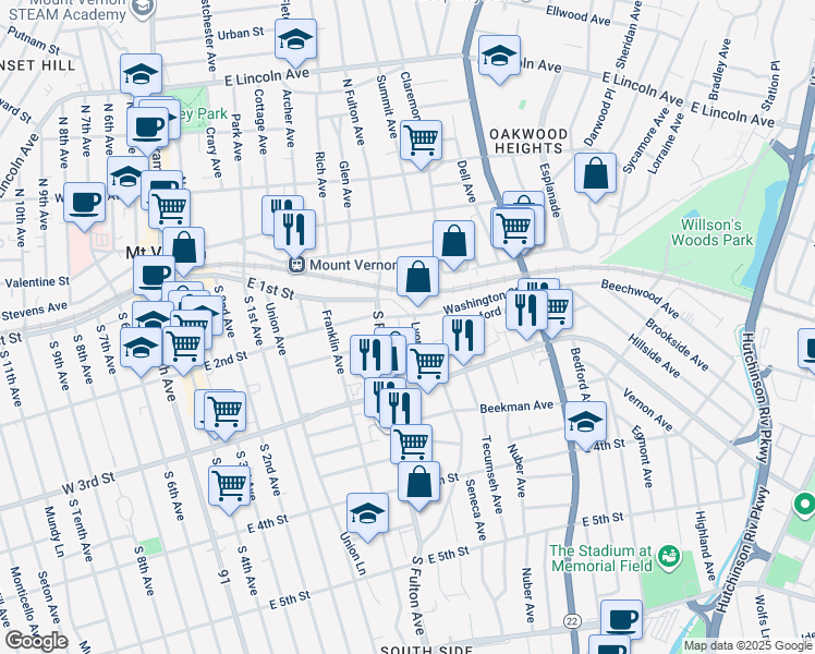 map of restaurants, bars, coffee shops, grocery stores, and more near 233 Washington Street in Mount Vernon