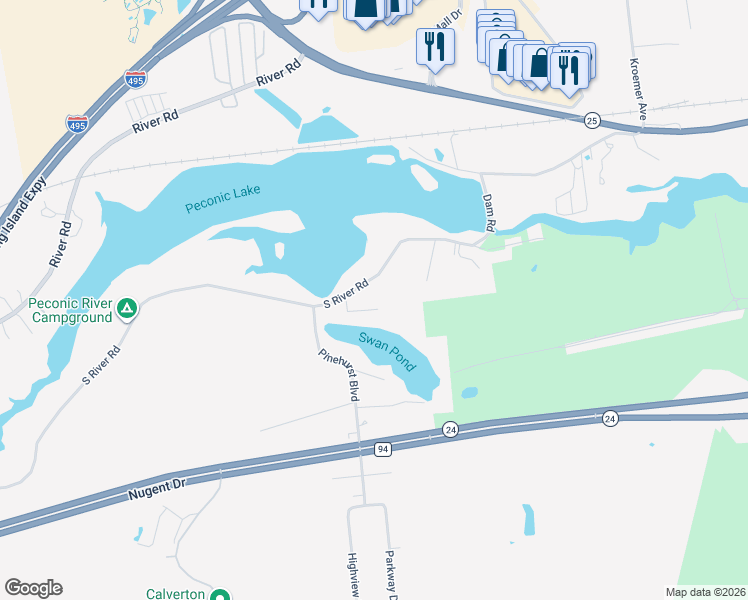 map of restaurants, bars, coffee shops, grocery stores, and more near 46 South River Road in Calverton