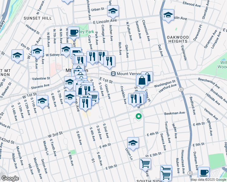 map of restaurants, bars, coffee shops, grocery stores, and more near 11 Brookdale Place in Mount Vernon