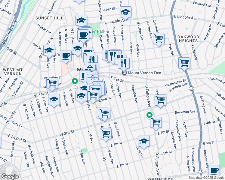 map of restaurants, bars, coffee shops, grocery stores, and more near 15 Union Avenue in Mount Vernon
