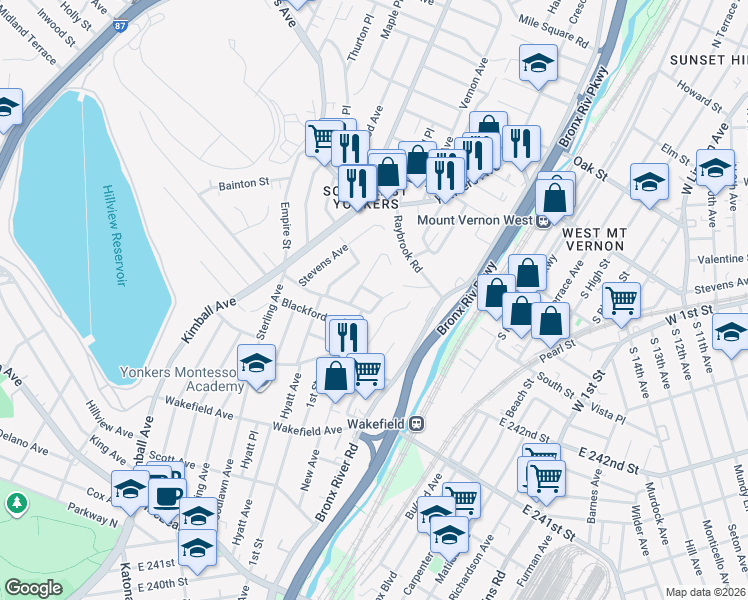 map of restaurants, bars, coffee shops, grocery stores, and more near 109 Huntsbridge Road in Yonkers