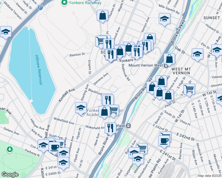 map of restaurants, bars, coffee shops, grocery stores, and more near 254 Hyatt Avenue in Yonkers