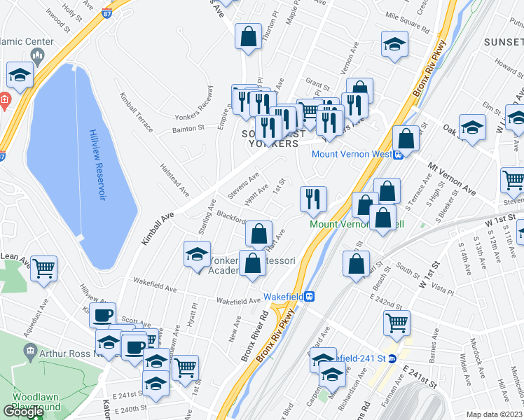 map of restaurants, bars, coffee shops, grocery stores, and more near 254 Hyatt Avenue in Yonkers