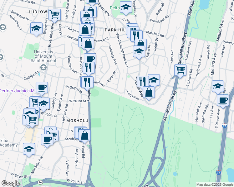 map of restaurants, bars, coffee shops, grocery stores, and more near 197 Saratoga Avenue in Yonkers