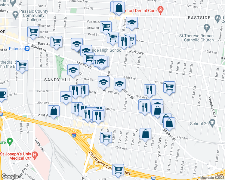 map of restaurants, bars, coffee shops, grocery stores, and more near 871 Madison Avenue in Paterson