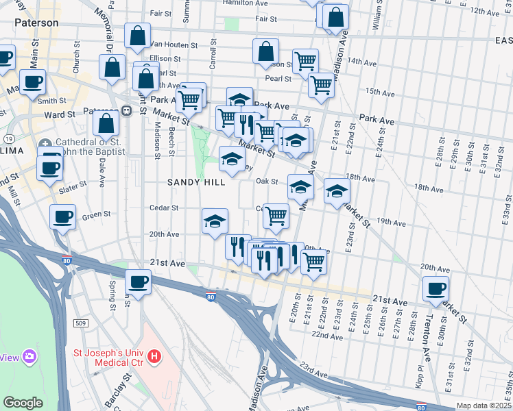 map of restaurants, bars, coffee shops, grocery stores, and more near 17 Lewis Street in Paterson