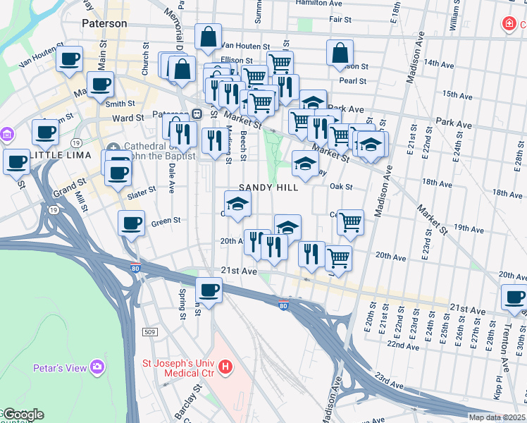 map of restaurants, bars, coffee shops, grocery stores, and more near in Paterson