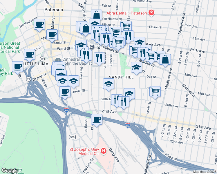 map of restaurants, bars, coffee shops, grocery stores, and more near 103 Beech Street in Paterson