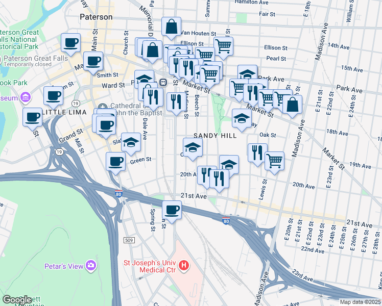 map of restaurants, bars, coffee shops, grocery stores, and more near 103 Beech Street in Paterson