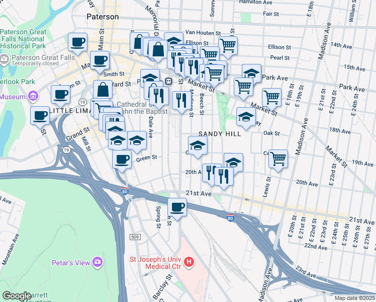 map of restaurants, bars, coffee shops, grocery stores, and more near 385 Straight Street in Paterson