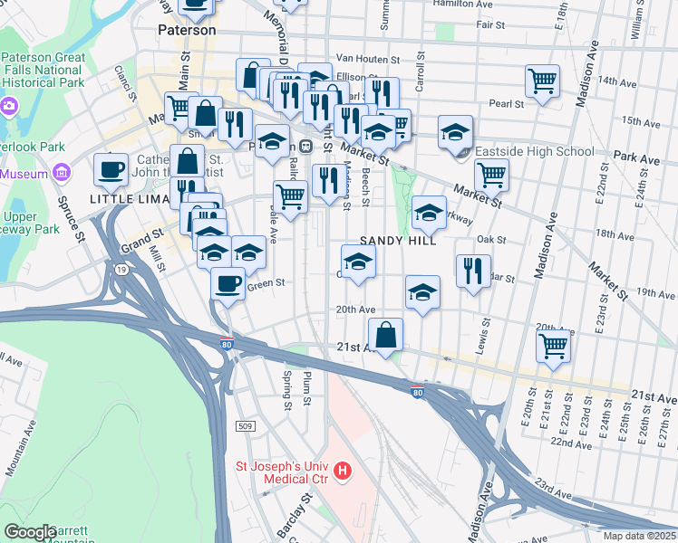 map of restaurants, bars, coffee shops, grocery stores, and more near 385 Straight Street in Paterson
