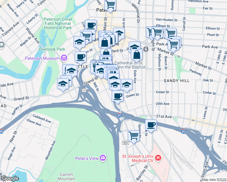 map of restaurants, bars, coffee shops, grocery stores, and more near 421 Main Street in Paterson
