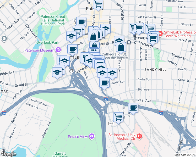 map of restaurants, bars, coffee shops, grocery stores, and more near 421 Main Street in Paterson