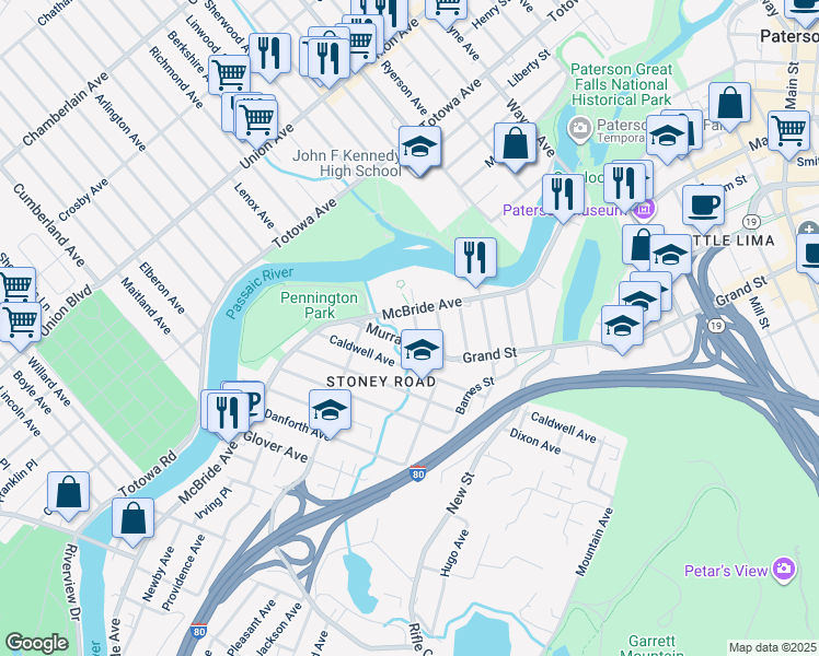 map of restaurants, bars, coffee shops, grocery stores, and more near 309 McBride Avenue in Paterson