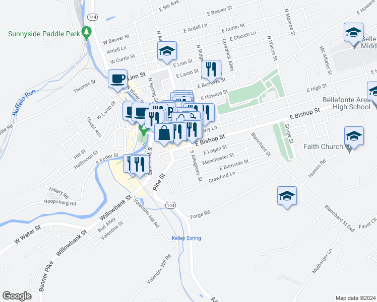 map of restaurants, bars, coffee shops, grocery stores, and more near 125 South Allegheny Street in Bellefonte