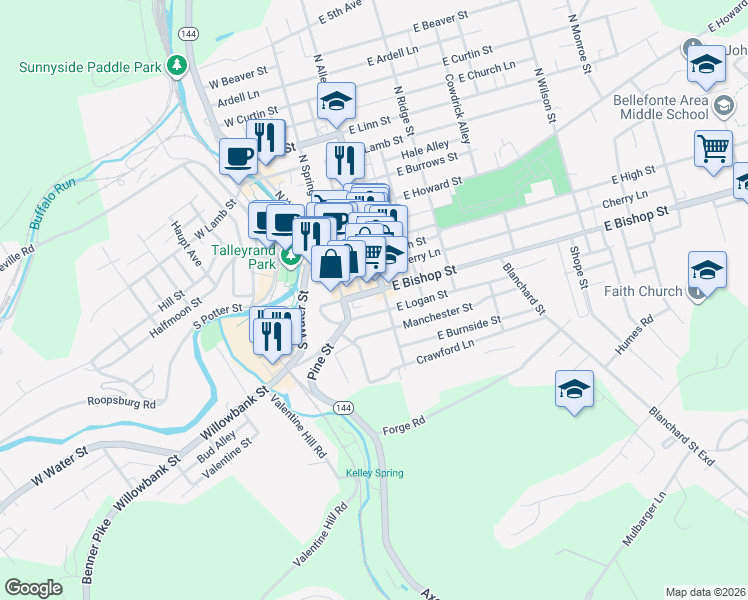 map of restaurants, bars, coffee shops, grocery stores, and more near 125 South Allegheny Street in Bellefonte