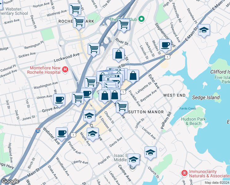 map of restaurants, bars, coffee shops, grocery stores, and more near 14 Lecount Place in New Rochelle