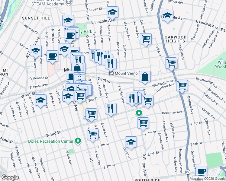 map of restaurants, bars, coffee shops, grocery stores, and more near 11 Brookdale Place in Mount Vernon