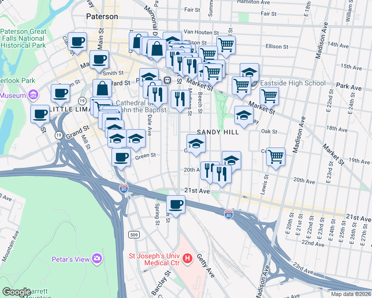 map of restaurants, bars, coffee shops, grocery stores, and more near 385 Straight Street in Paterson