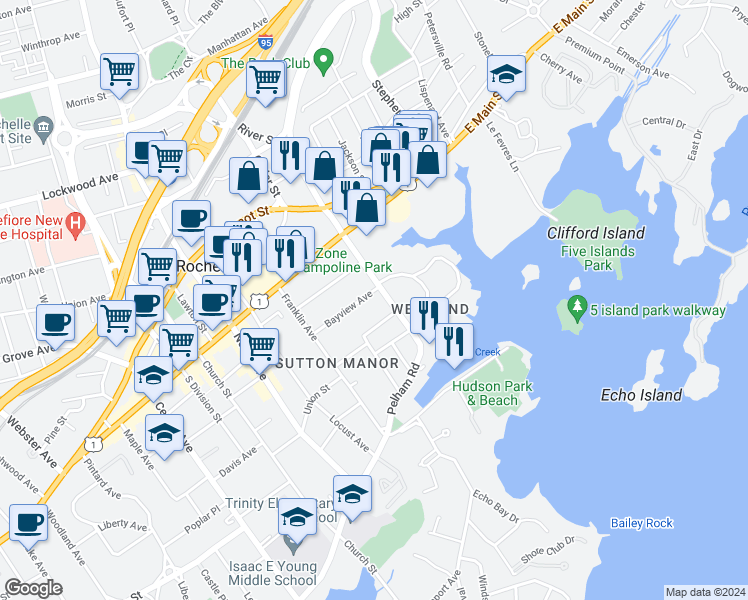 map of restaurants, bars, coffee shops, grocery stores, and more near 12 Bayview Avenue in New Rochelle