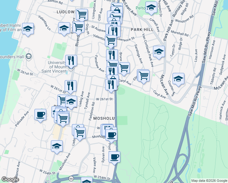 map of restaurants, bars, coffee shops, grocery stores, and more near 6665 Broadway in Bronx