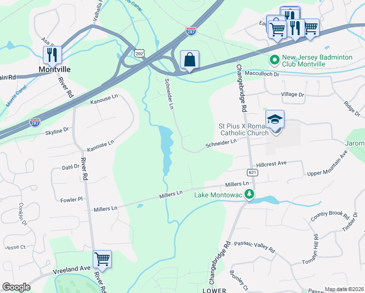 map of restaurants, bars, coffee shops, grocery stores, and more near 28 Schneider Lane in Montville