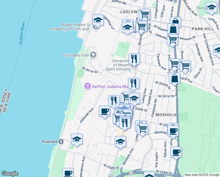 map of restaurants, bars, coffee shops, grocery stores, and more near 670 West 261st Street in The Bronx