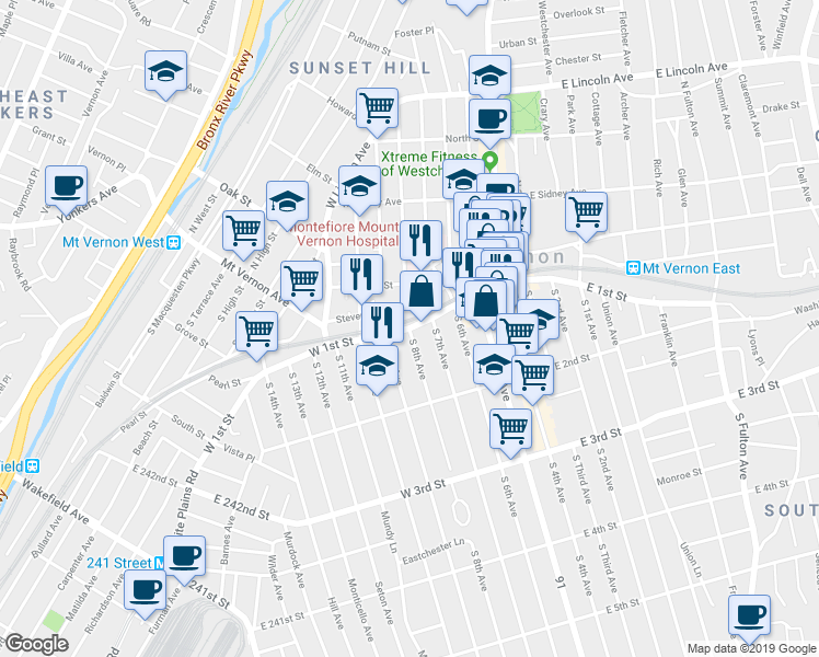 map of restaurants, bars, coffee shops, grocery stores, and more near W 1st St & S 8th Ave in Mount Vernon