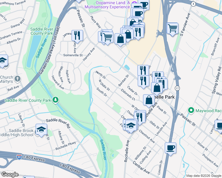 map of restaurants, bars, coffee shops, grocery stores, and more near 23 North Drive in Rochelle Park