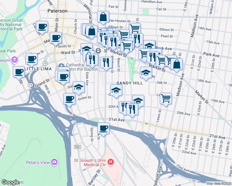 map of restaurants, bars, coffee shops, grocery stores, and more near 103 Beech Street in Paterson