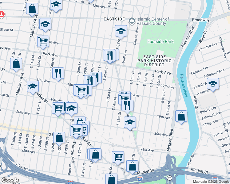 map of restaurants, bars, coffee shops, grocery stores, and more near 82 Vreeland Avenue in Paterson