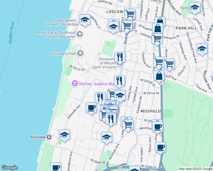 map of restaurants, bars, coffee shops, grocery stores, and more near 568 West 261st Street in Bronx