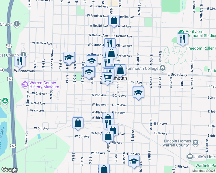 map of restaurants, bars, coffee shops, grocery stores, and more near in Monmouth