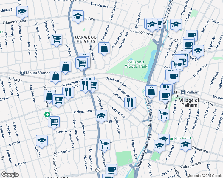 map of restaurants, bars, coffee shops, grocery stores, and more near 86 Brookside Avenue in Mount Vernon